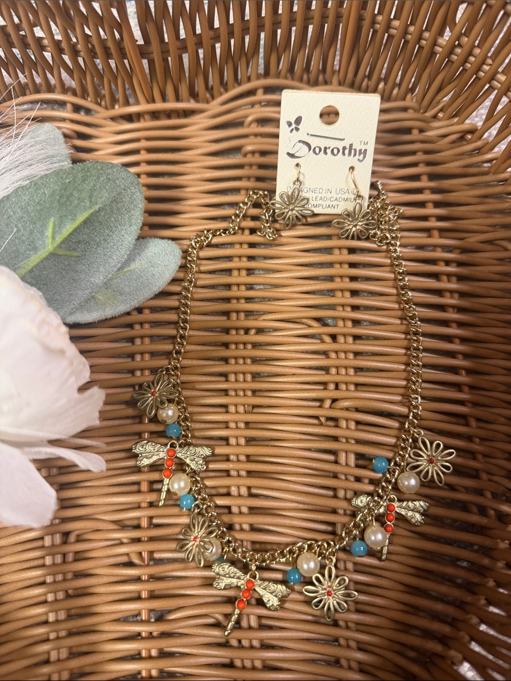ORANGE/TEAL/GOLD/PEARL CHARM NECKLACE W/MATCHING EARINGS - NWT
